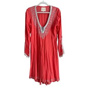 Emma Caine Embellished Coral Tunic Dress/Kaftan Tie Front Women Size M Boho Chic